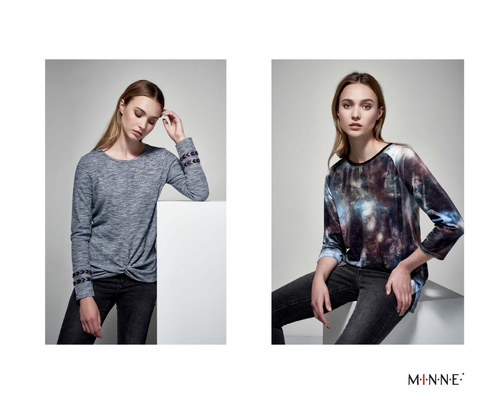 MINNE Fall 2018 Lookbook twist front embroidered top and universe dyed velvet top